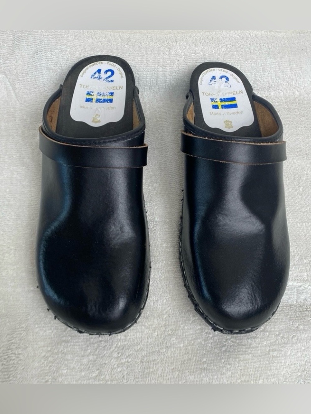Torpatoffeln Sweden Women's Black Leather Wooden Clogs Size 42 EU - US 11 / 11.5